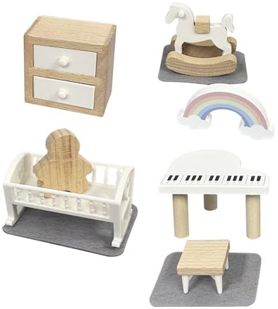 Ensemble de Mobiliers de Chambre ​des Enfants Miniature,Meubles Dollhouse en Bois Modèle 10 Set Mini Poupées Maison Jouet Lit Modèle Décoration des Jouets pour Enfants,Mini Armoire,lit,Piano,Tabouret