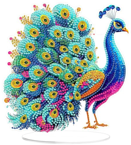 MOGTAA 5D Diamond Painting Pfau Desktop Deko für Erwachsene Kinder, Tiere Diamond Painting Tisch Deko Set, DIY Diamant Painting Bilder Bastelset Kreativ Set für Zimmer Büro Desktop