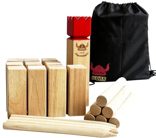 JacJoe All Pro Kubb Spiel im Freien | Wurfspiel mit Tragetasche | Kegelspiel | Gummi Holz Garten Rasen Spiele | Wurfspiel mit Tragetasche (Kubb Games with Carry Bag, King. 30x6.3x6.3 cm)