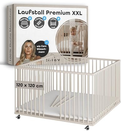 Sämann XXL Baby Laufstall aus Holz I Laufgitter 120x120 cm Sahara Dust I höhenverstellbar I inkl. Cloud Air Matratze, Lattenrost & Schlupfsprossen I Gummierte Rollen & TÜV geprüft