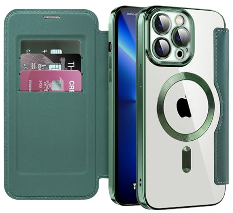 IMEIKONST for iPhone 13 Pro Max Case Flip Wallet Cover, Green JDCX | RFID Blocking Card Holder, Camera Lens Protection, Magnetic Transparent TPU Back, Compatible with MagSafe, PU Leather
