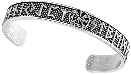 Flongo Wikinger Runen Armreif für Herren: Vintage Gold Silber Edelstahl Manschette Armband - Nordisches Viking Schmuck - Geschenk für Vater, Sohn, Freund - Amulett mit nordischen Symbolen