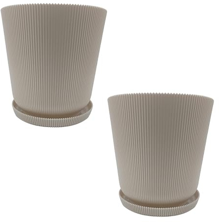 Relaxdays Blumentopf, 2er Set, Pflanztopf mit Untersetzer, Rillen, H x D: 20 x 20 cm, Kräutertopf, Kunststoff, beige