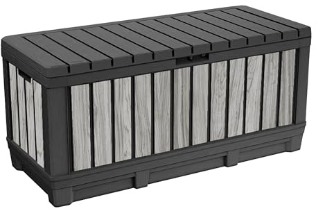 Keter Gartenbox Kentwood 350 Liter in Holzoptik Stormgrey aus Kunststoff, witterungsbeständig, UV-resistent mit Sitzfunktion