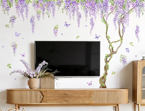 Decvictor Wandtattoo Hängende Glyzinienblüten Wandsticker Lila Rebenzweig Wandaufkleber Wohnzimmer Schlafzimmer Gang Sofa Hintergrund Wanddeko
