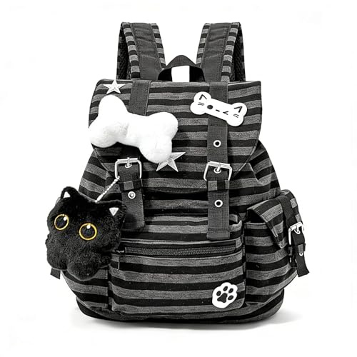DASICHE Punk Stil Rucksack, Gestreifter Y2K Schulrucksack Mit Katzenpfote, Knochen Und Stern, Grunge Stil Unisex Schultasche Mit Großem Fassungsvermögen Für Schule, Pendeln Und Alltag