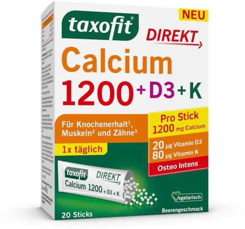 taxofit Calcium 1200 + D3 + K Direkt | für Knochen & Zähne | 20 Sticks | Hochdosiert mit 1200 mg Calcium & Vitamin D3 für die Calcium-Verwertung, Direktgranulat mit Beerengeschmack, vegetarisch