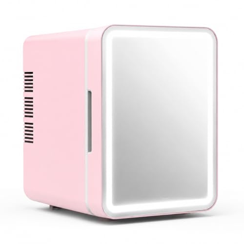 SiaBiced Mini Frigo Portable 6L avec Miroir LED, Petit Réfrigérateur Chambre Chaud/Froid 12V/220V pour Cosmétiques et Boissons, Réfrigérateur de voiture miroir rose avec lumière, prise US, 6L
