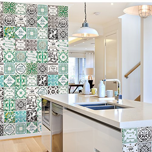 Walplus Removable Self-Adhesive Mural Art Decals Vinyl Home Decoration DIY Living Bedroom Kitchen Décor Wallpaper English Mix French Mosaic Tile Wall Stickers 72pcs 15cm x 15cm