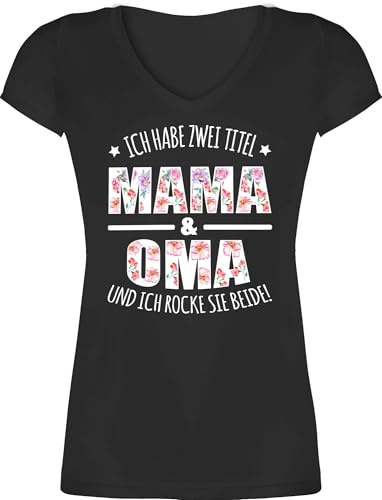 T-Shirt Damen V Ausschnitt - Geschenk - Habe Zwei Titel: Mama & Oma - M - Schwarz - Werden Tshirt für omi werdende Omas Shirt Geschenke Muttertag frische Grandma mom t-Shirts muttertagsgeschenke t
