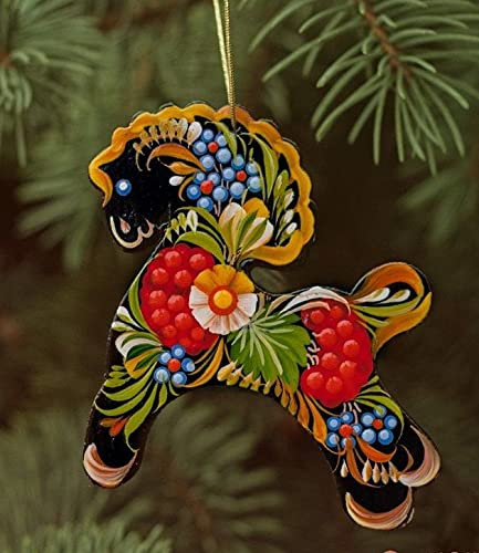 Handbemalter Weihnachtsschmuck Pferd aus Holz 8.5 х 10 х 0.5 cm Bunter Ukrainischer Christbaumschmuck mit Traditionellem Blumenmuster