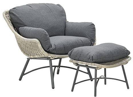 GMD Living Logan Geflecht Relaxsessel mit Fußbank und dicken Polstern in Vintage Willow
