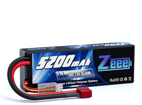 Zeee 2S Lipo Battery 7.4V 100C 5200mAh Hard Case with T Plug for 1/8 1/10 RC Vehicles Car Trucks Airplane Boats