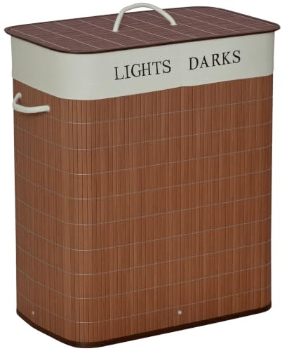 HOMCOM Bambus Wäschekorb Schmal mit Deckel Wäschesammler 100L Braun | Mit Griffen, 2 Herausnehmbare Wäschesäcke, Laundry Baskets Wäschebox, für Waschküche Schlafzimmer Badezimmer