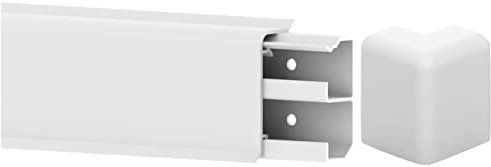Habengut 6 m Sockelleiste aus PVC, mit integriertem Kabelkanal, Weiß, 50 mm (4 Stück Länge 1,5 m) & Innenecke für Sockelleiste 50 mm aus PVC, Weiß | Inhalt: 1 Stück - für Mauervorsprünge in Räumen