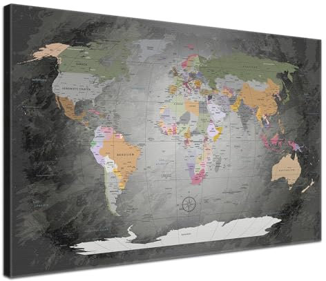 Stilvolle Pinnwand Weltkarte - Edelgrau - Deutsch in 200 x 130 cm, stabile Rückwand zum Pinnen inkl. Starterkit - Leinwand-Kunstdruck Wandbild Landkarte XXL