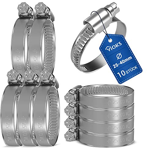 VIOKS Schlauchschellen Benzinschlauch Schellen Poolschlauch SET 10x 25-40mmØ Rohrschellen Klein Edelstahl Schlauch Klemmen/Schelle Waschmaschinenschlauch/Schlauch Schellensatz/Pool Schellen