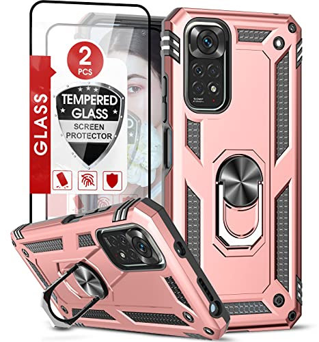 LeYi Coque pour Xiaomi Redmi Note 11/Redmi Note 11S 4G avec 2 Verre Trempé, Anneau Support Militaire Anti-Chute Bumper Antichoc Rigide Armure Housse Etui-6.43 Or Rose