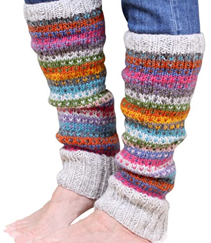 Pachamama Women 100% Wool Legwarmer Handknitted Dots Stripes Multicoloured Regular Fit Handmade Extra Warm Fair Trade