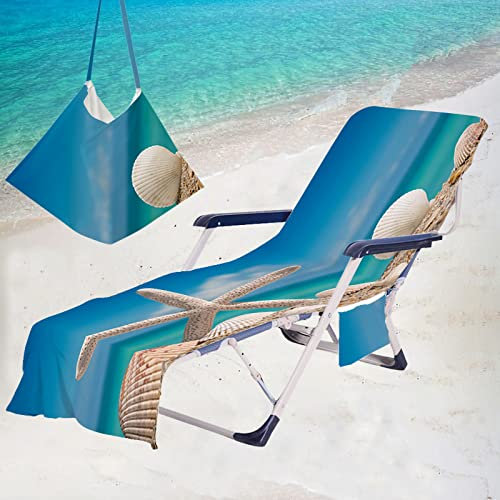 Morbuy Strandliegen Handtuch mit Taschen Mikrofaser, Seestern Muster Liegestuhl Handtuch Strandtuch für Liegen Handtücher für Strandliegen Strandtuch, Kapuze für Besseren Halt (Weiße Muscheln)
