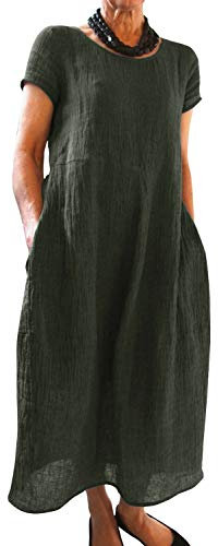 Imuedaen Sommerkleid Damen Kleider Sommer Casual Rundhalsausschnitt Kurzarm Freizeitkleid Strandkleider Boho Langes Kleid mit Taschen (B Dunkelgrün, 3XL)