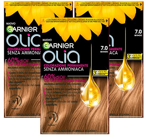 Garnier Olia Permanente Haarfarbe Ohne Ammoniak Mit Blumenölen Natürlicher Herkunft Mit Aufhellender Und Pflegender Wirkung, Farbe 7.0 Blond – 3er Pack