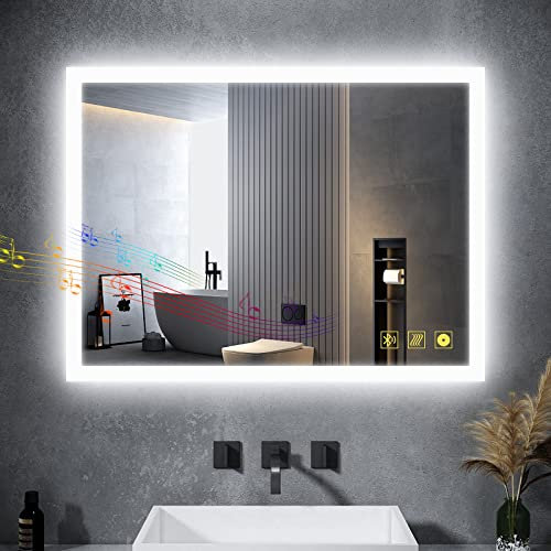 AI-LIGHTING Badezimmerspiegel mit Beleuchtung 80 × 60 cm Badspiegel mit Licht Bluetooth Lautsprecher / 3 Lichtfarben/Steckdose/Beschlagfrei Beleuchteter Badspiegel für Badzimmer