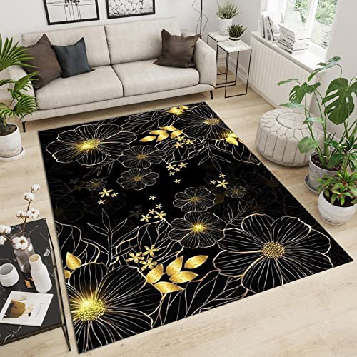 SANSJI Schwarze Goldene Linie Blume Teppiche, Leichter Luxus Und Exquisit Maschinengewebt Flachgewebter Teppich - für Wohnzimmer, Kinderzimmer, Schlafzimmer und die Küche 160 x 230 cm