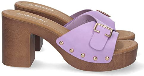 shoes&blues.es 73046-Zueco de Tacon Alto para Mujer, Comodo, Material de Imitacion a Madera, con Talon Abierto, Pala con Hebilla y Remaches. Talla 40 Lila
