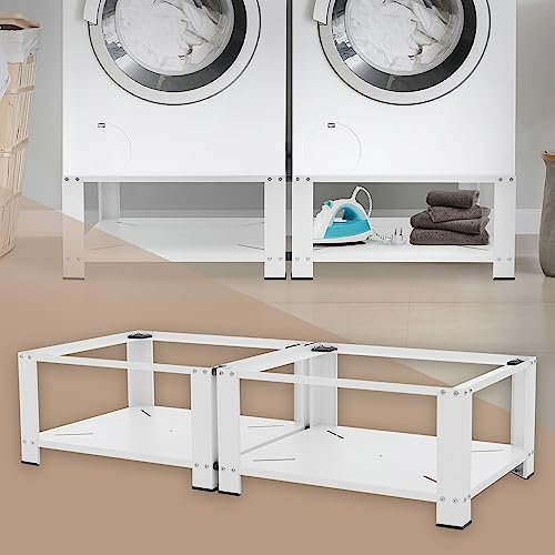 ML-Design Doppel Waschmaschinen Untergestell mit 2 Ablagen, Weiß, 128x54 cm, Stahl, 2x 150kg, Stabiler Waschmaschinensockel 2-Fach, 32cm hohes Podest, Erhöhung Unterbau Doppeluntergestell Doppelpodest