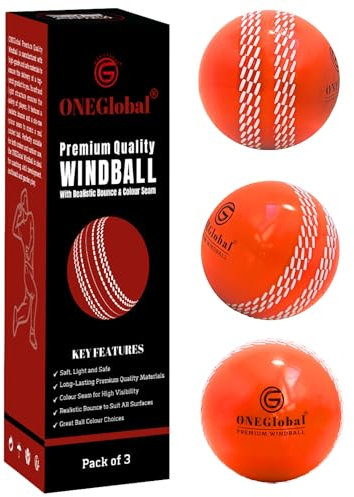 ONEGlobal Premium Windball Weiche Cricketbälle | Langlebig & sicher, farbige Naht, realistischer Sprung & Schwung | Indoor-/Outdoor-Coaching, Training, Garten & Strandspiele (3 Orange)