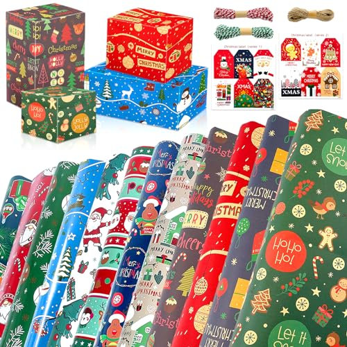 Lets Joy 12 Blatt Geschenkpapier Weihnachten, 50 x 70cm Weihnachtspapier, Kraft Geschenkpapier Weihnachten, mit Geschenkanhänger und Juteschnüren