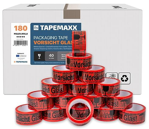 FYBR TAPEMAXX Vorsicht Glas 180 Rollen rotes Klebeband Achtung Bruchgefahr Caution Glass Fragile Paketband Zerbrechlich Warnung Packband Schwarz Piktogramm Paket (180 Rollen)