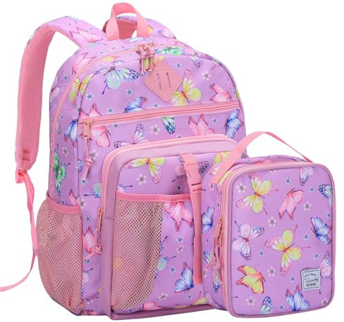 VASCHY Schulrucksack Teenager Mädchen Set 2 in 1 mit Kühltasche, Rucksack Kinder Schulranzen mit Brustgurt Reflektierend für Grundschule/Mittelschule/Oberschule,Schmetterling