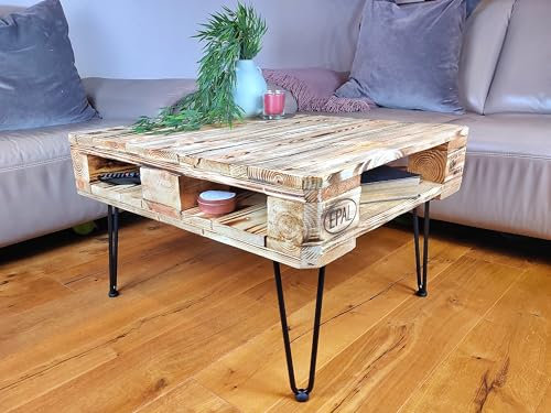 Couchtisch Holz mit Stauraum aus Palette industrial beflammt mit Hairpin-Legs Beistelltisch Couch Holztisch vintage Wohnzimmertisch Holz industrial Shabby Chic Palettenmöbel antik