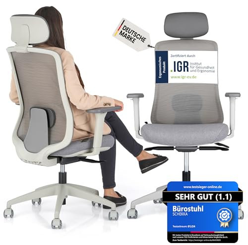 SCHEKKA® Bürostuhl Ergonomisch Testsieger - Besonders individuell Einstellbarer Schreibtischstuhl mit Kopf- & Lordosenstütze, 3D Armlehnen & atmungsaktives Mesh - Bürostuhl 150 kg (Hellgrau)