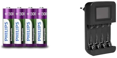 Philips Wiederaufladbare Batterien AA - 4 Stück - NiMH - 1300 mAh - bis zu 1000 Aufladungen & Amazon Basics Intelligentes, digitales Akku-Ladegerät für 4 AA-, AAA-Akkus