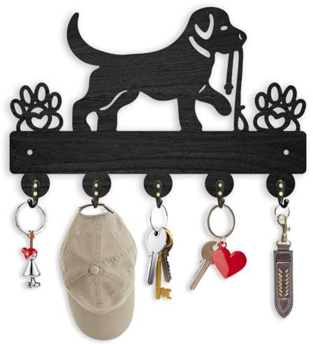 ORIGACH Wooden Dog Leash Hooks with 5 Metal Hooks Key Holder for Wall 30×16.9cm Dog Pet Wall Mounted Black Key Hangers for Front Door Kitchen Entryway Bedroom Pet Lovers Gifts