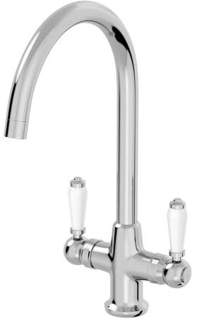 Lussena Kitchen Sink Mono Mixer Tap Traditional Twin Lever Handles Swivel Spout Chrome White