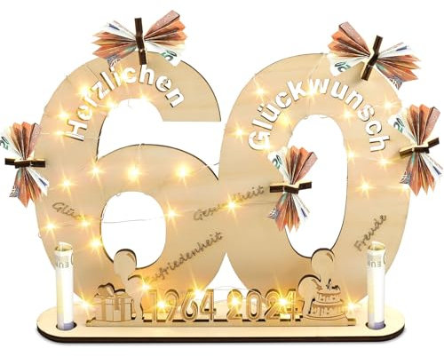 TaimeiMao Holz-Schild Gästebuch,Geldgeschenke Geburtstag 60,Gästebuch Geburtstag mit LED Lichterkette,60. Geburtstag Geldgeschenk Holz für Familie Freunde,Geburtstag Deko für Frauen & Männer