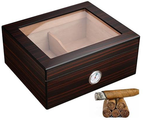 POCDOKYZ Zigarren-Humidor aus Zedernholz, große Kapazität, transparent, 260 x 220 x 111 mm, Hygrometer + Luftbefeuchter + Glasplatte für Männer und Frauen, für 50 Zigarren, Ebenholz