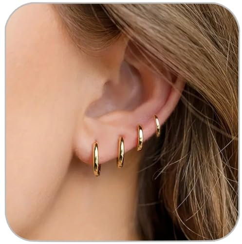 4Pairs Small Hoop Earrings for Women, Dainty 14K Gold Plated Huggie Hoop Earrings Hypoallergenic Lightweight Cartilage Earrings Set for Multiple Piercings for Sensitive (6mm 8mm 10mm 12mm)