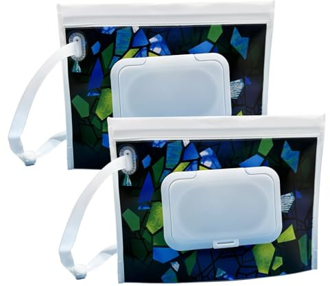 2 Pack Small Size Portable Wet Wipe Pouch Container (7’’ x 5.4’’), Reusable & Refillable Baby Wipes Case Holder, Eco Friendly Handy Travel Diaper Wipes Carrying Dispenser (Green Diamond)