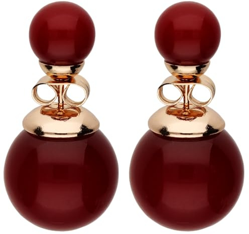 LÖB Ohrstecker Doppel Ohrringe 750er Roségold Vergoldet Zwei Perlen Rot, Damen Perlenohrringe Perlenohrstecker Kugel Front Back Set Dunkelrot Rose Gold Schmuck