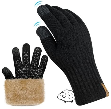 qpyysz Handschuhe Herren Damen Winter Warm Freezer Thermo Schwarze Handschuhe Merino Wolle Doppelschicht Fleece Touchscreen Outdoor Strickhandschuhe Rutschfeste Fleecefutter (black l-xl)
