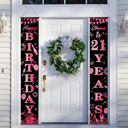 Happy 21st Birthday Door Banner Hot Pink 21st Birthday Party Decorations, 21st Birthday Door Decorations Porch Hanging Banner for Girl Her 21 Year Old Indoor Outdoor Garden Hot Pink