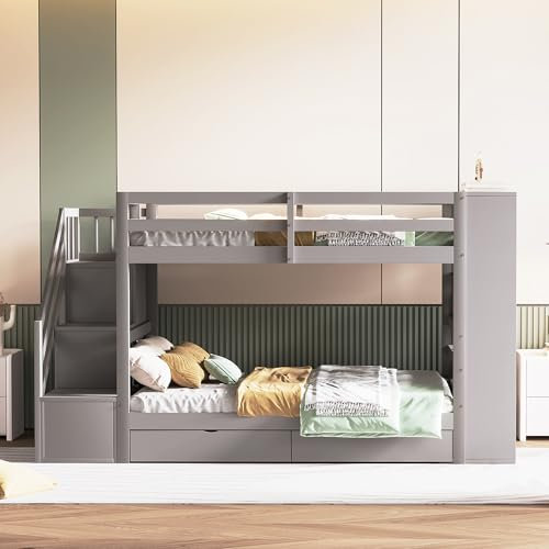 Moimhear Letto a castello 90x200 cm, scala di sicurezza con vani portaoggetti, cassetti portaoggetti e ampi armadietti, struttura alta recinzione, rete a doghe, letto in pino (grigio)