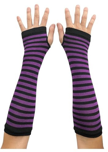 AUSUAYA Scaldamuscoli con guanti lunghi a righe con dita senza dita per cosplay e festa di Natale Goth DE-S-G5, A strisce viola e nere, Taglia unica