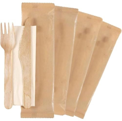 25/50/100/250 BIS DI POSATE IMBUSTATE CON TOVAGLIOLO - monouso - biodeagradabili - SET BIANCO Posate compostabili 100% Naturale (300 PEZZI LEGNO)