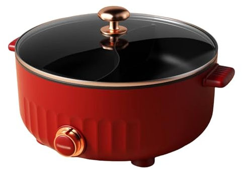 Marmite électrique 1350 W avec séparateur, multicuiseurs électriques avec couvercle en verre trempé, marmite électrique Shabu pour réunions de famille ou dîners (avec 3 vitesses réglables), rouge